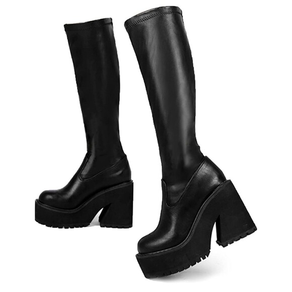 Womens Elastic Knee High Platform Chunky Block High Heel Sock Boots Sz 6.5 - Picture 1 of 9